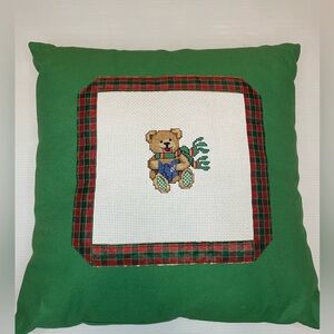 VTG Handmade Christmas Cross-stitch Bear Pillow Green and Red 13”X13”